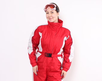 90er-Jahre-Einteiler-Skianzug, Vintage-Damen-Skioverall in Rot, Größe L