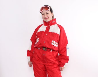 Einteiliger Skianzug aus den 90er Jahren, roter Retro-Schneeanzug, Vintage-Damen-Skioverall, Größe M/L