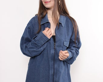 90s minimalist denim shirt, vintage blue color zip up oversized essential shirt, Size L