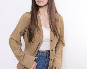 Blazer in corda di colore beige anni '90, giacca da abito casual da donna vintage, taglia L