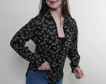 Vintage 90s floral blouse, black flowers blouse, sheer button up blouse, Size M