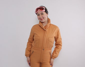 90er-Jahre-Einteiler-Skianzug, Vintage-Orange-Schneeanzug, Frankreich-Skioverall, Größe S