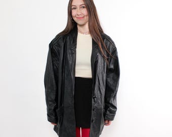 Vintage 80er Jahre Oversized Schwarze Lederjacke, Langer Echtleder Mantel, Größe XL