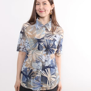 90s Vintage Floral Print Blouse: Blue Short Sleeve Top, Size M