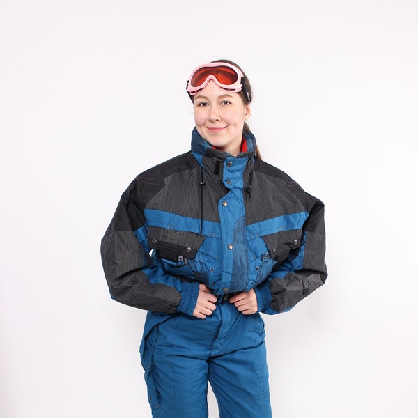 90s blue one piece ski suit, vintage blue ski jumpsuit, retro snowsuit, Size L