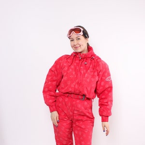 Vintage 90s one piece ski suit, retro red women snowsuit, Size M