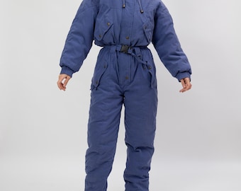 80s Periwinkle Blue Ski Suit Brass Snap Pockets Belted Snowsuit M/L