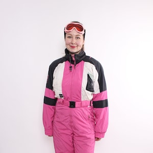 90s one piece ski suit, vintage women pink jumpsuit, multicolor snowsuit, Size M