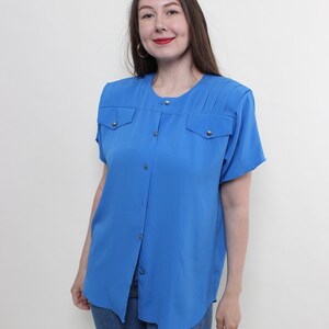 80s Vintage Blue Blouse with Shoulder Pads - Size M