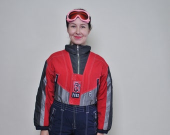 Vintage Skianzug, einteiliger Schneeanzug Frau, 90er Jahre roter Skioverall, Größe S