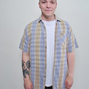 90s plaid print summer shirt, vintage multicolor short sleeve button up shirt, Size M