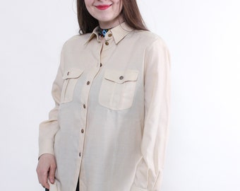 Beige minimalist blouse, 90s button down oversized blouse, Size L