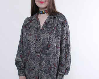 Vintage paisley print blouse, 90s gray boho puff sleeve button up shirt, Size L