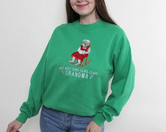 90s Christmas sweatshirt, vintage funky green sweatshirt, grandma embroidered jumper, Size M