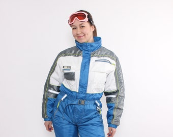 Blauer einteiliger Skianzug, Vintage 90er Jahre Schneeanzug, Damen Winteroverall, Größe M