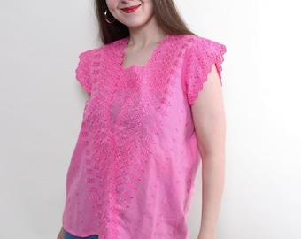 80s Vintage Pink Lace Blouse: Embroidered Floral Top, Size M