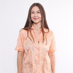 90s paisley embroidery blouse in orange, vintage textured boho style blouse, Size M