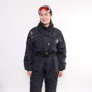 Vintage one piece ski suit, 90s retro woman snow suit in black color, Size L