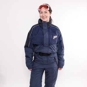 90s one piece ski suit, vintage winter jumpsuit, retro snowsuit in blue, Size M/L