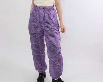 90s Vintage Purple Ski Pants, Retro High-Waisted Nylon Winter Snow Pants, Size L