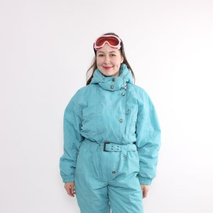 90s one piece ski suit, vintage blue ski jumpsuit, retro multicolor snowsuit , Size M