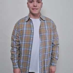 90s plaid print button up shirt in brown, vintage casual outfit blue checkered shirt, Size M