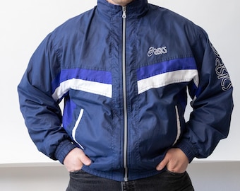90s Asics Navy Purple Track Jacket Vintage Colorblock Nylon Windbreaker Size L