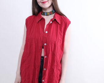 Minimalist sleeveless blouse, summer loose button up blouse, Size L