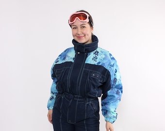 Blauer einteiliger Skianzug, Vintage-Schneeanzug aus den 90er Jahren, bedruckter Skioverall, Größe M