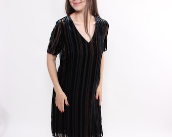 90s striped velvet dress in black, vintage evening midi dress with v-neck, Size M
