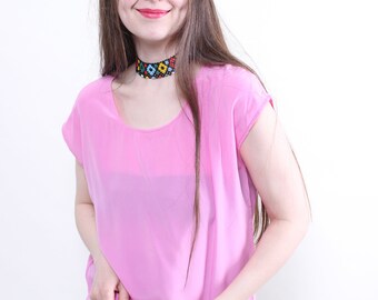 Vintage zijden doorschijnende blouse, roze truitop uit de jaren 90, maat XL