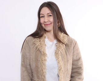 90s Penny lane coat, vintage brown overcoat, beige faux fur jacket Size M