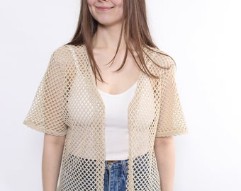 90s beige color grid blouse, vintage short sleeve knitted top, Size M