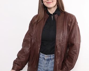 Vintage motorcycle jacket, 90s brown leather jacket, woman rocker jacket, Size L