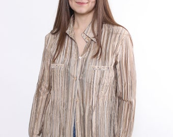 90s Vintage Striped Print Blouse - Beige Multicolor Button Up, Size M