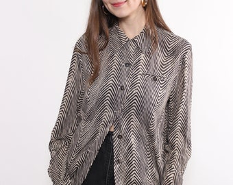90s zebra print beige blouse, vintage abstract striped button up shirt, Size L