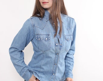 90s denim western shirt, vintage blue jeans grunge button up shirt, Size L