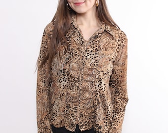 2000s leopard print blouse, vintage y2k animal print crop zip up blouse, Size M