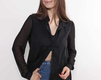 90s black color sheer blouse, vintage transparent sleeves button up shirt, Size M
