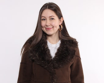 90s Penny lane coat, vintage brown cropped overcoat, faux fur jacket, Size M