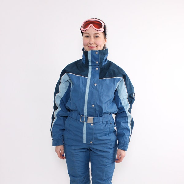 90s one piece ski suit, vintage blue ski jumpsuit, women retro snowsuit, Size S