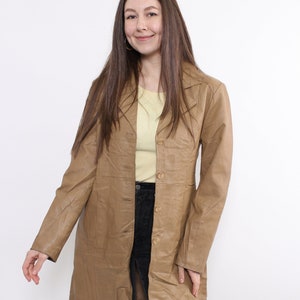 90s beige leather trench coat, woman vintage minimalist coat, Size M