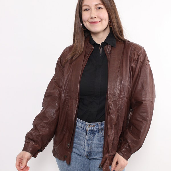 Vintage motorcycle jacket, 90s brown leather jacket, woman rocker jacket, Size L