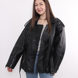 Blouson en cuir vintage pour femme, veste de moto rocker des années 90, veste de motard avec ceinture, taille XL