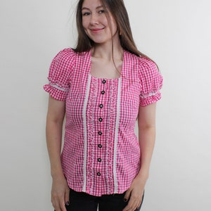 90s pink crop blouse, vintage Bavarian traditional lace top, Size M