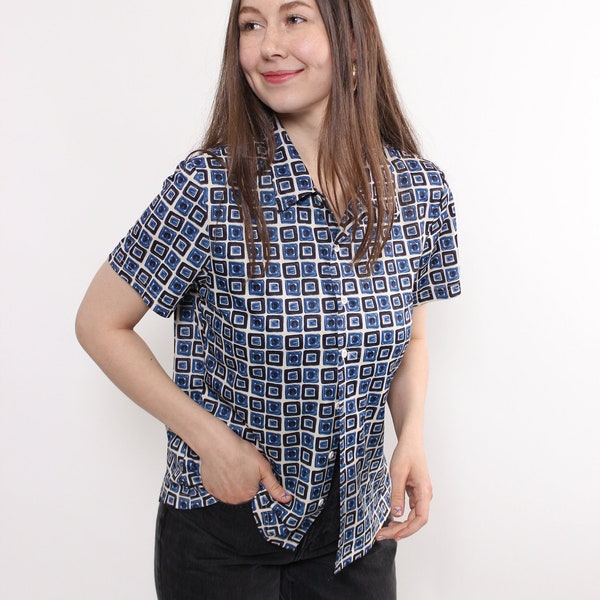 90s abstract print blue blouse, vintage summer short sleeve button up shirt, Size M