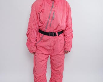 Vintage 90s One Piece Ski Suit, Retro Women’s Pink Snowsuit, Size L