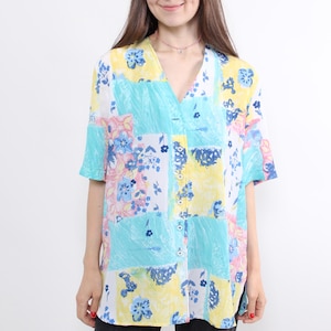 Camicetta patchwork floreale pastello anni '80 turchese giallo oversize con bottoni L