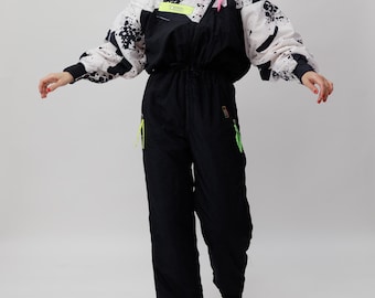 90s Paint Splatter Ski Suit Black White Neon Pink One Piece Snowsuit M/L