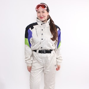 One piece ski suit, Vintage 90s white winter jumpsuit, retro snowsuit , Size M